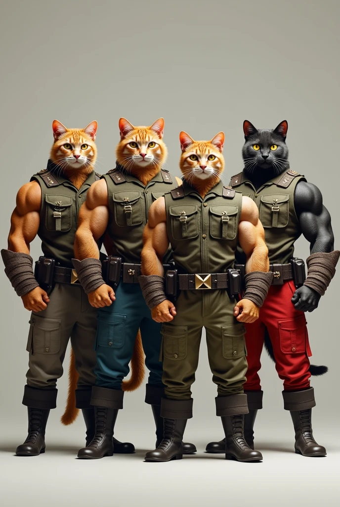 4 cat with military clothing with lots of muscles and different color pants