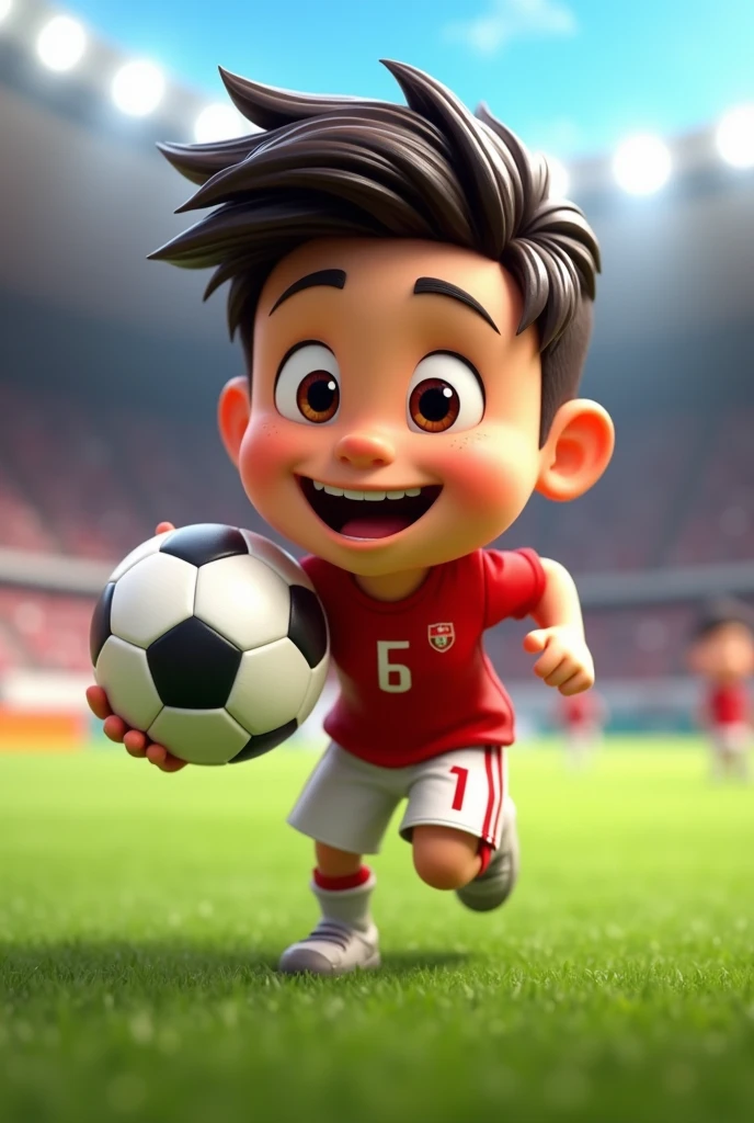 Tomas holding the soccer ball with enthusiasm. with the same main character playing soccer same animated appearance