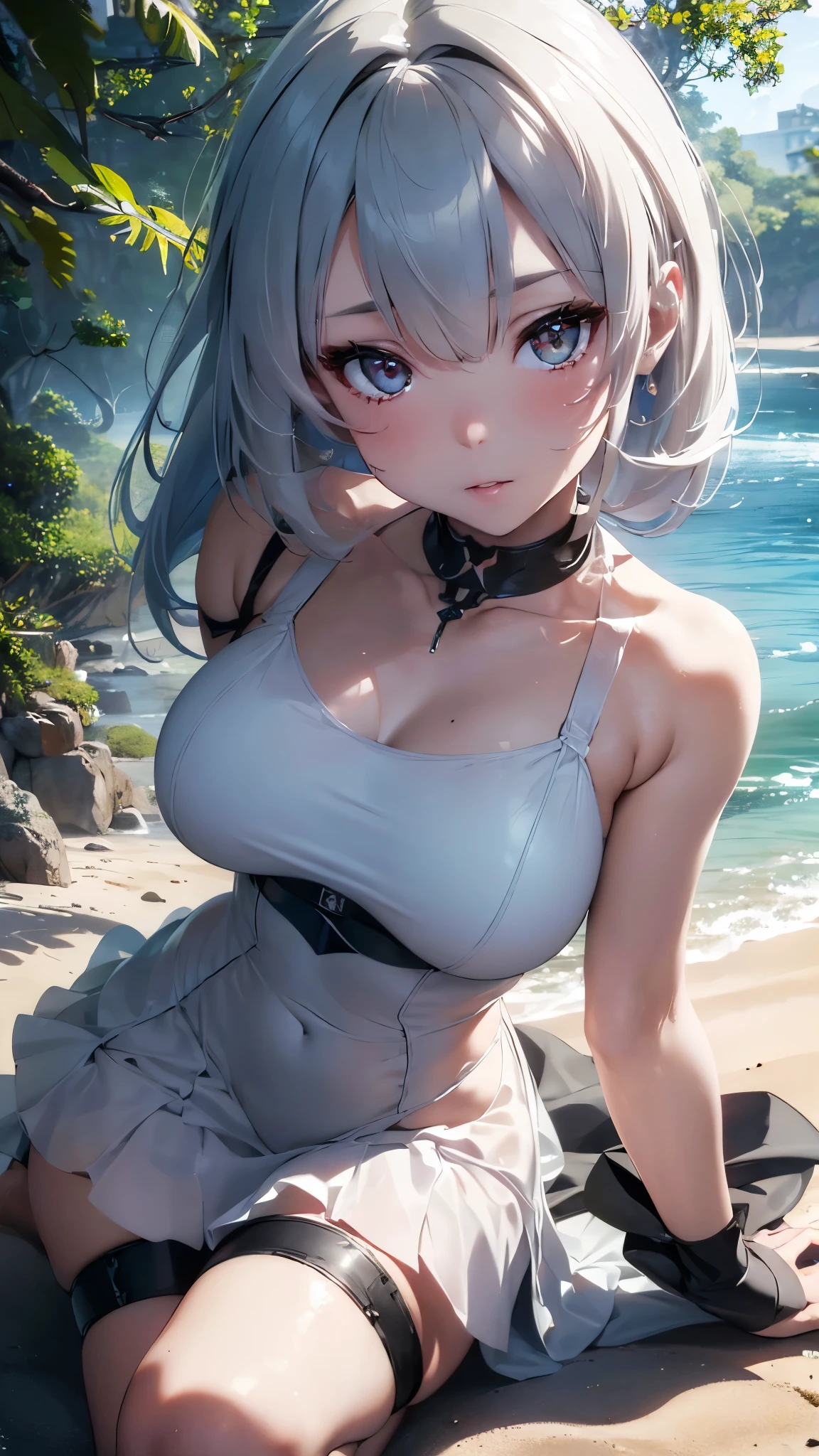 a very sexy girl, beautiful detailed eyes, beautiful detailed lips, extremely detailed eyes and face, longeyelashes, elegant pose(more erotic poses), seductive expression, flowing hair, porcelain skin, detailed dress,paradise island (coastal area, white sand) , sunlight filtering through trees, (best quality,4k,8k,highres,masterpiece:1.2),ultra-detailed,(realistic,photorealistic,photo-realistic:1.37),cinematic lighting,dramatic colors,vibrant palette, Nsfw