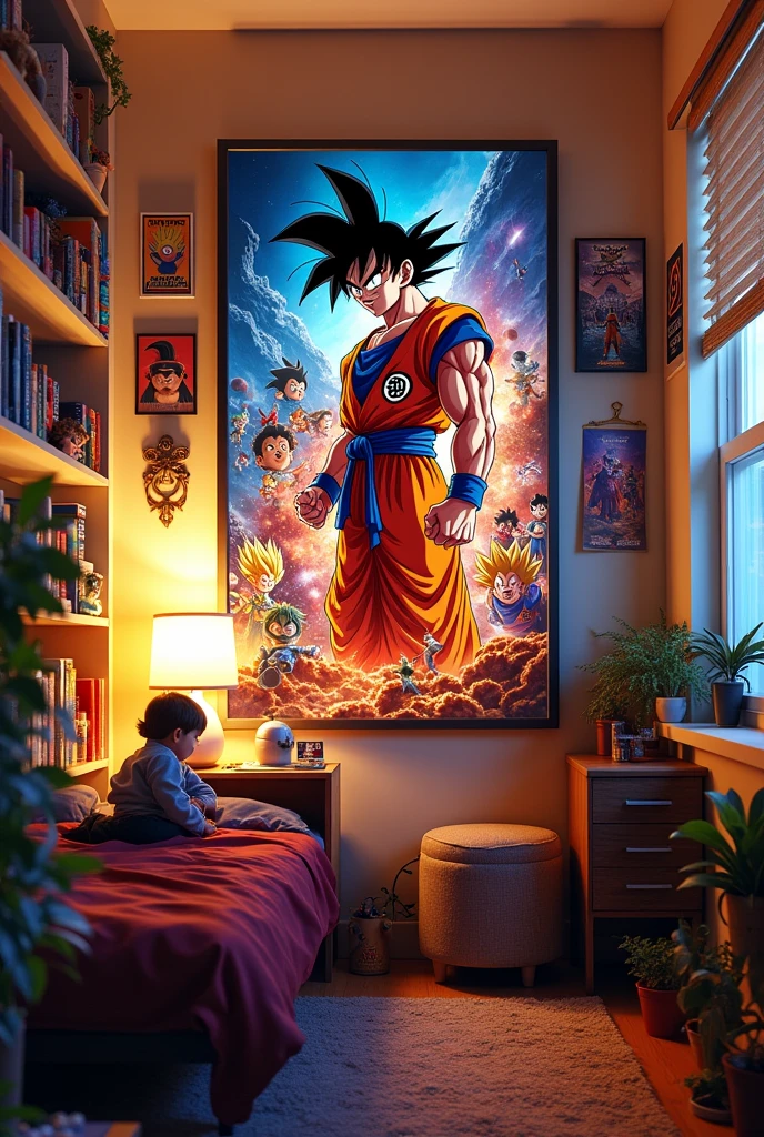 A room with a Dragon Ball Z poster
