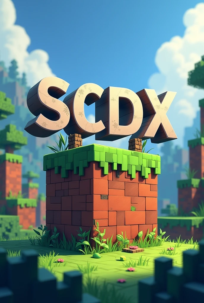 Ilustra un cubo de Minecraft and pon el letras grandes "SCDX" and "X SOCIETY" in small letters as a miniature in the background a world of Minecraft 