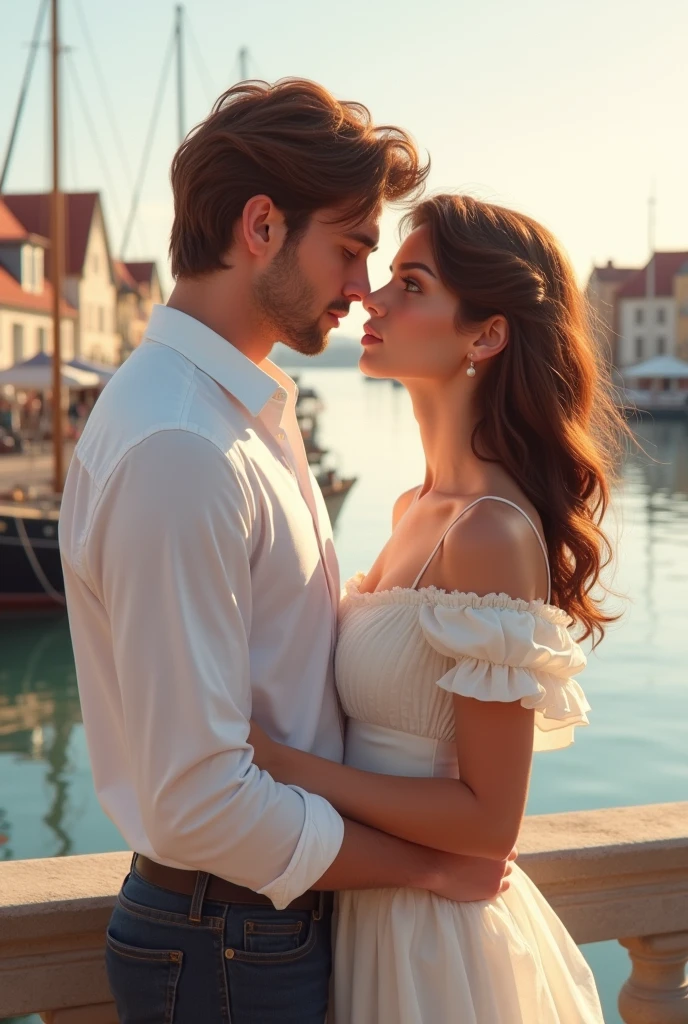 book cover with a young couple in marcella france at the port dressed in white the boy is tall with thick honey brown hair NO FACIAL BEARD whitish skin honey green eyes and thick lips the girl is short with thick wavy brown hair and honey eyes whitish skin pink and thick lips I want the image for the cover of a book with the title valentine's coupon and to be seen in profile