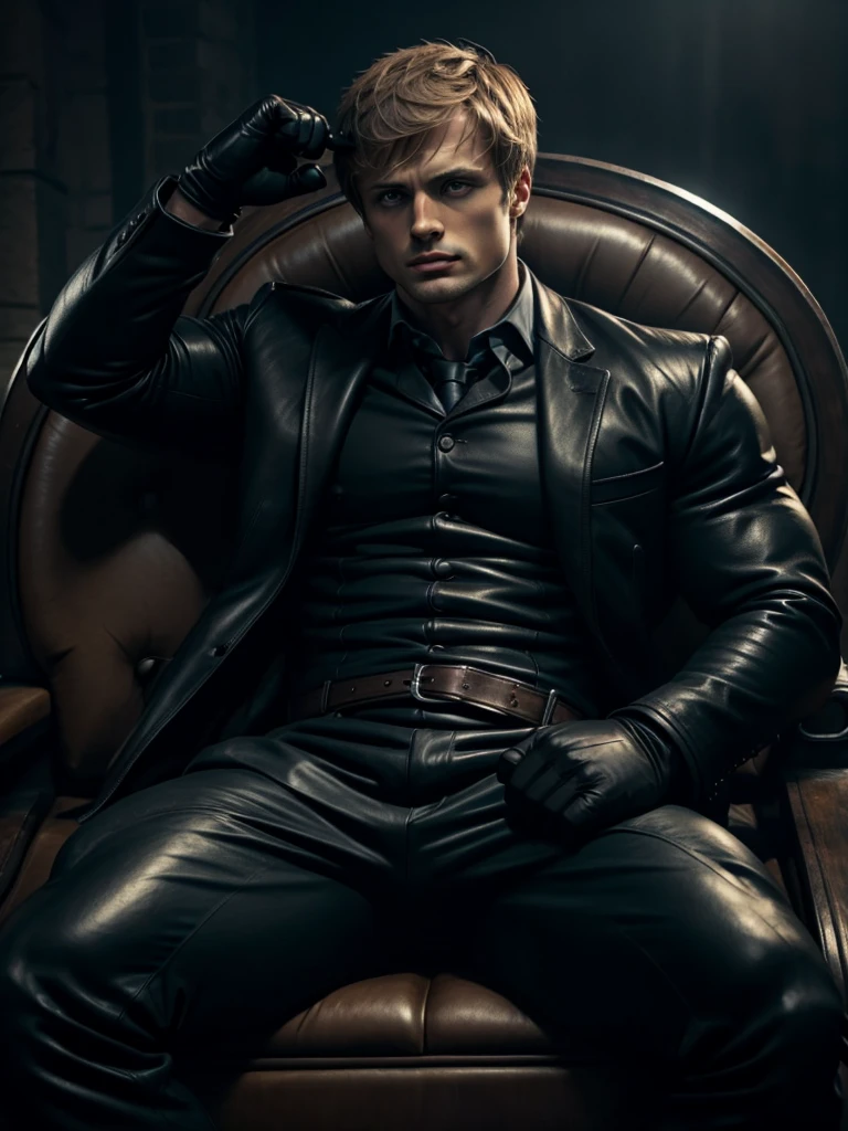 Bradley James, sitting in a leather seat, wearing black leather gloves and a suit. Holding a whip. Dramatic.