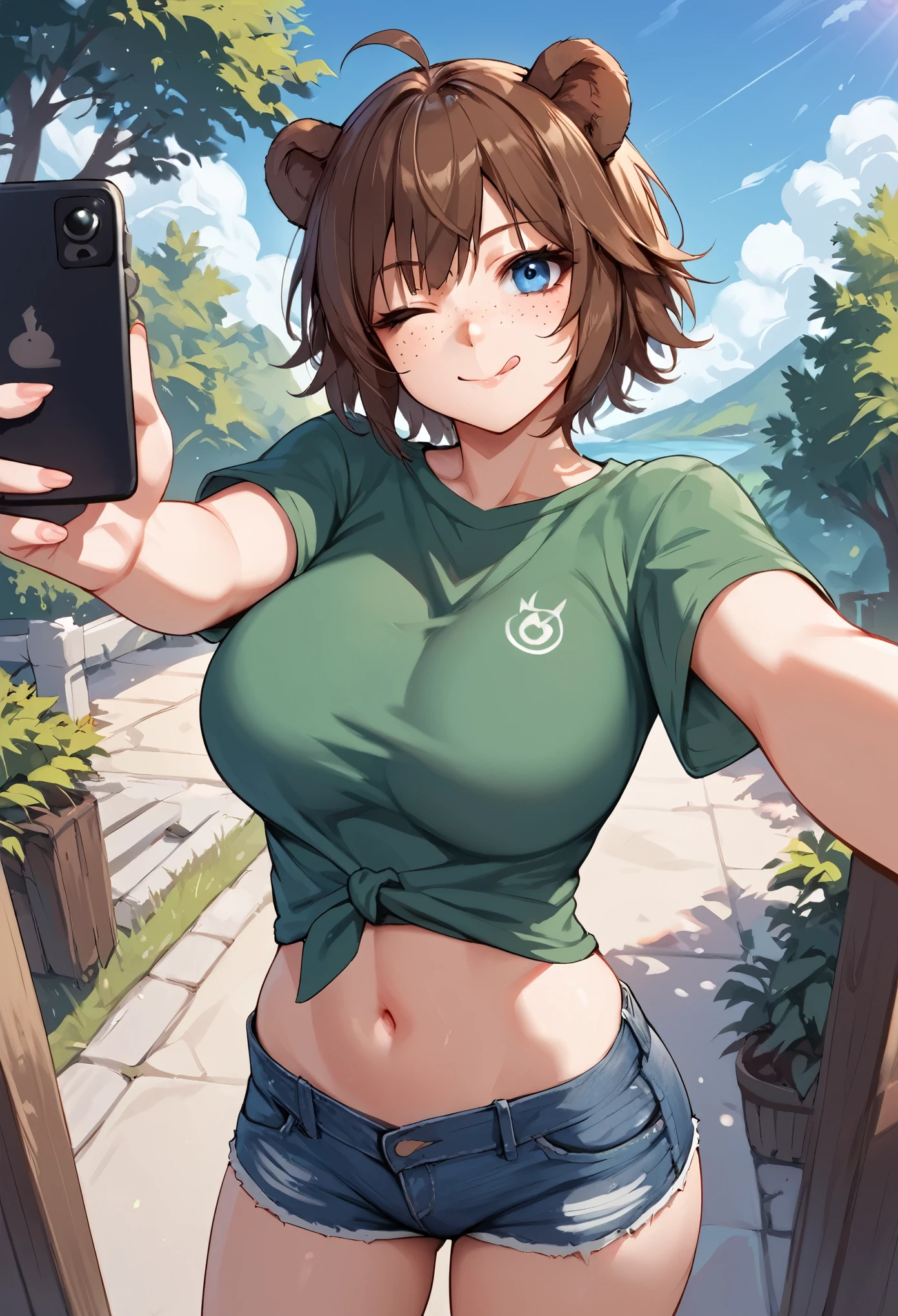 score_9_up, score_8_up, score_7_up, 1girl, solo, source_anime, hourglass figure, , kemonomimi, bear ears, brown hair, short hair, messy_hair, blue eye BREAK freckles, green shirt, short sleeves, navel, denim shorts, selfie, reaching at viewer, looking at viewer, wink, one eye closed, standing, outdoors, blue sky, :p, tongue, v sign, closed mouth, camera phone