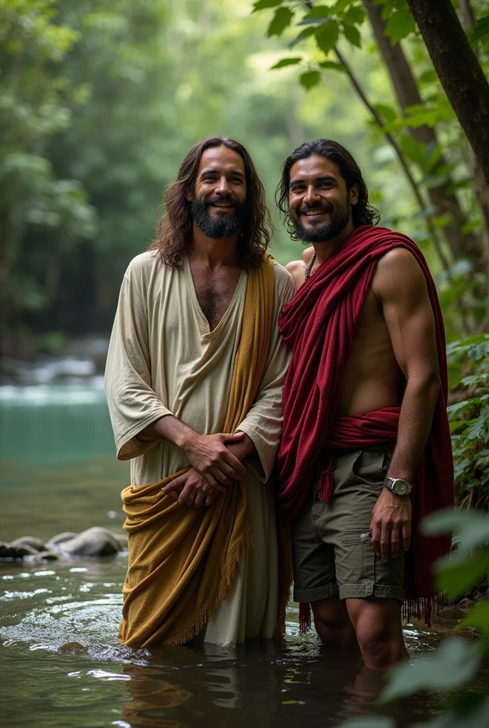 Resurrected Jesus Christ smiling next to an indigenous man in the middle of the jungle next to the river