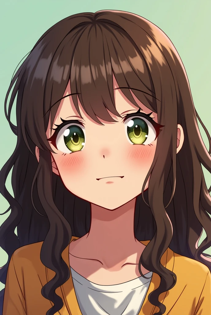 An 18 year old girl with long, wavy, thick brown hair, with white skin and greenish-gray eyes with a frontal perspective and with the style of boku no hero without bangs and smiling