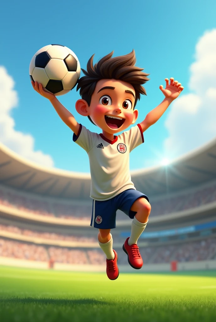 Tomas holding the soccer ball with enthusiasm. with the same main character playing soccer same animated appearance