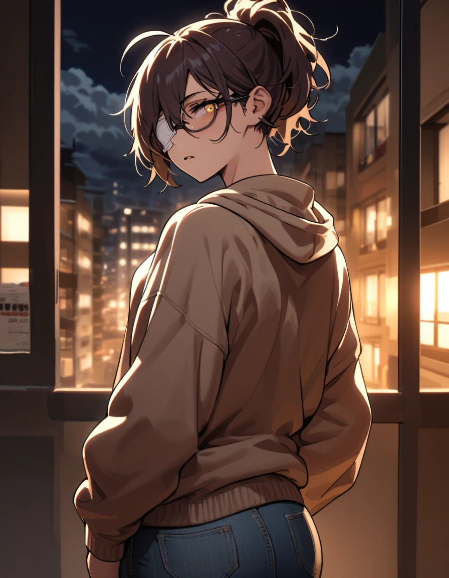 mature, golden eyes, looking at viewer, female, apartment background, messy hair, dark shoulder-length hair, ponytail, parted lips, hair between eyes, ahoge, emotionless, tired eyes, standing, from behind, jeans, hoodie, medical eye patch, comfy clothes, glasses, night, cloudy