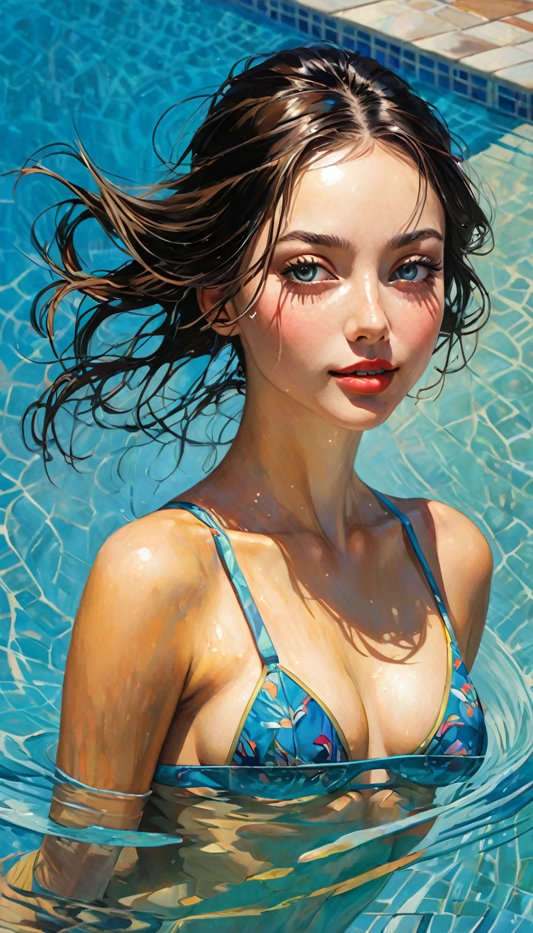 ((Top quality, 8k, Masterpiece: 1.3)), 1 woman, Beautiful girl with slim abs: 1.3, Large: 1.2, seductive pose, Swimming pool, bikini sexy, Ultra detailed face, High detailed lips, detailed eyes, double eyelids, Smile, (best quality,4k,8k,highres,masterpiece:1.2),ultra-detailed,(realistic,photorealistic,photo-realistic:1.37),intricate details,vivid colors,sharp focus,professional,Dave McKean artwork, oil touch of surrealism,oil painting