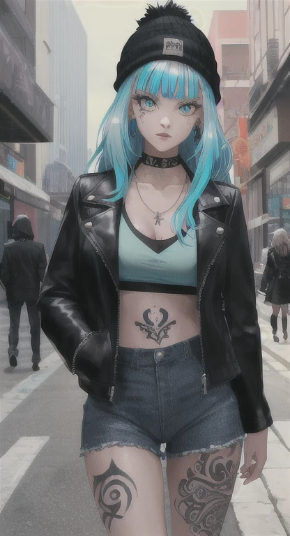 Holo-Punk Style, ((best quality)),((masterpiece)),((strikingly beautiful)), mature, 1girl, solo, high quality, masterpiece, skinny, long hair, messy bangs, black beanie, cyan hair, leather jacket, cyan eyeliner, pale skin, many necklaces, neck tattoo, tattoo on neck, sidewalk, large breasts