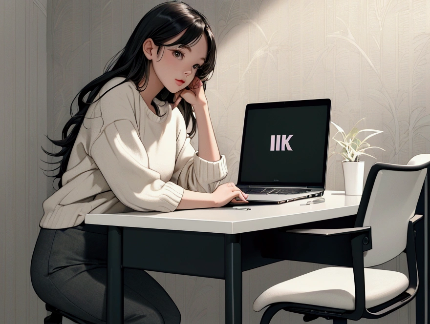 (Masterpiece, highest quality, illustration, fine details), ((highly detailed CG Unity 8k wallpaper, high resolution)), high saturation, low brightness, concept art, ((no people)), (modern and stylish decor), (cute and beautifully decorated room), (sleek desk), (laptop), (ergonomic desk chair), (girl studying in the style of *Kimi ni Todoke*), night, (warm ambient lighting), architectural, indoor, cozy yet modern atmosphere, (minimalist design elements), (soft textures).