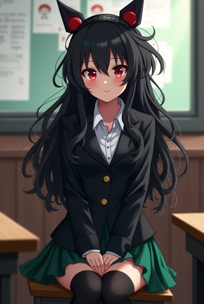 My Hero Academia, girl long wavy black hair, with a turkey that looks like a fringe, Red eyes, wearing a black blazer, white shirt, green skirt, black high stockings, and is in a classroom,She sits quietly watching the bendana