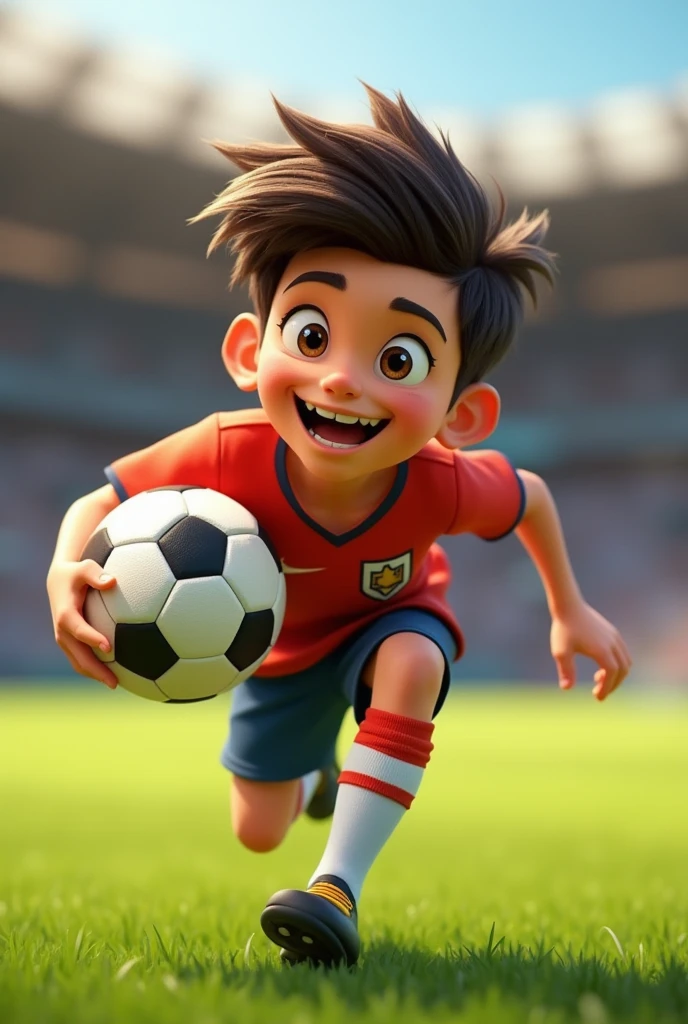 Tomas holding the soccer ball with enthusiasm. with the same main character playing soccer same animated appearance