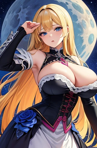 masterpiece, Highest quality, Highest quality, Official Art, beautifully、aesthetic:1.2), (1 girl), Very detailed,(Fractal Art:1.3),colorful,Most detailed,Blonde long hair,blue eyes,Moonlit Night,Rose,(Big Breasts:1.4),,Nipples,corset,Fine Jewelry,whole body