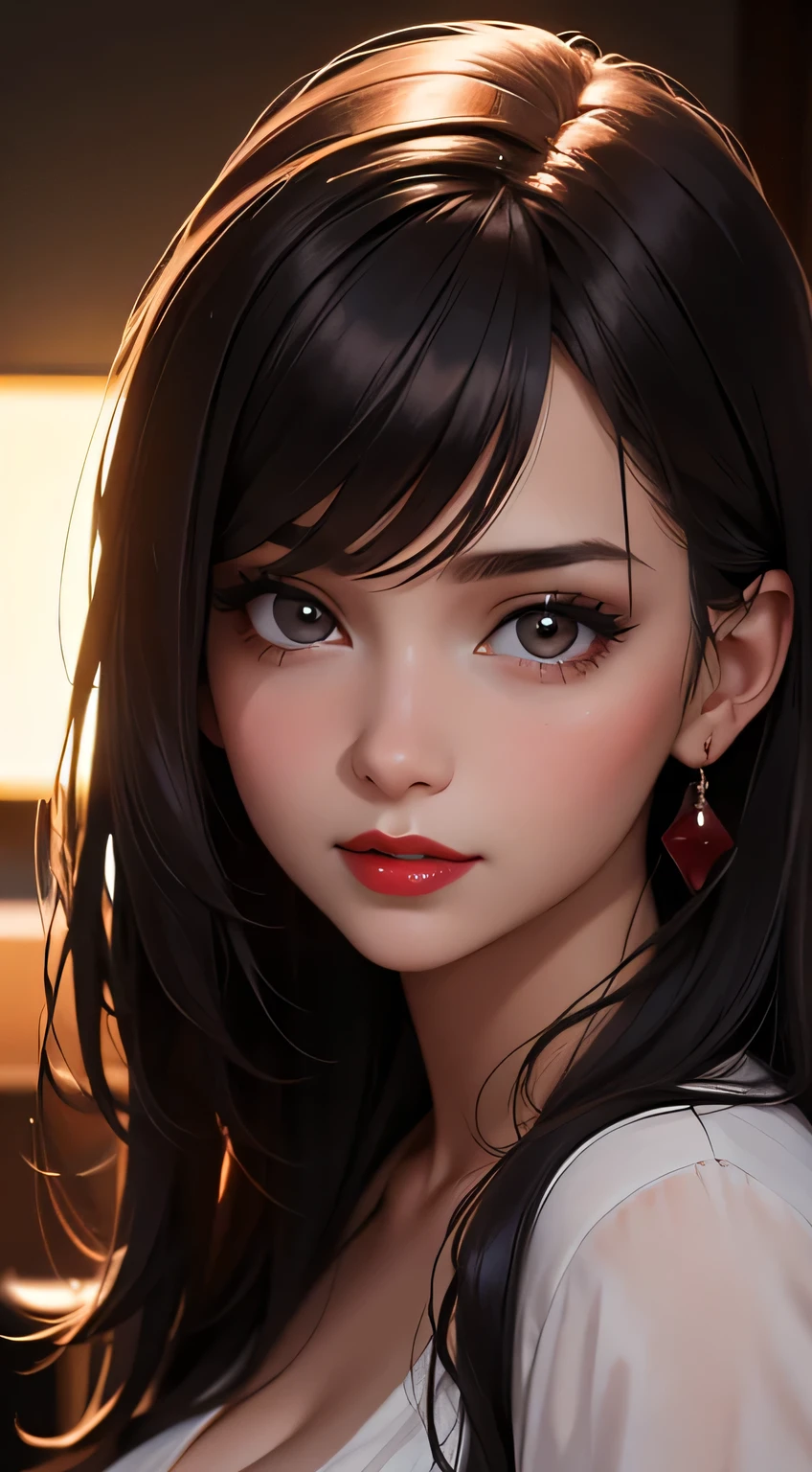 Amazing portrait of a woman who is 30 years old and an adult and a sexy teacher during night time with soft lighting showcasing her red lips and her beautiful face in detail and close up