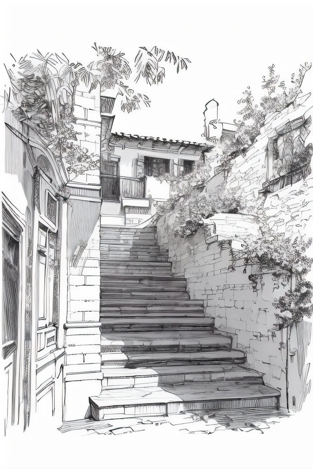 masterpiece,(best quality),detailed,sketch,landscape,houses,stairs,Trees,
