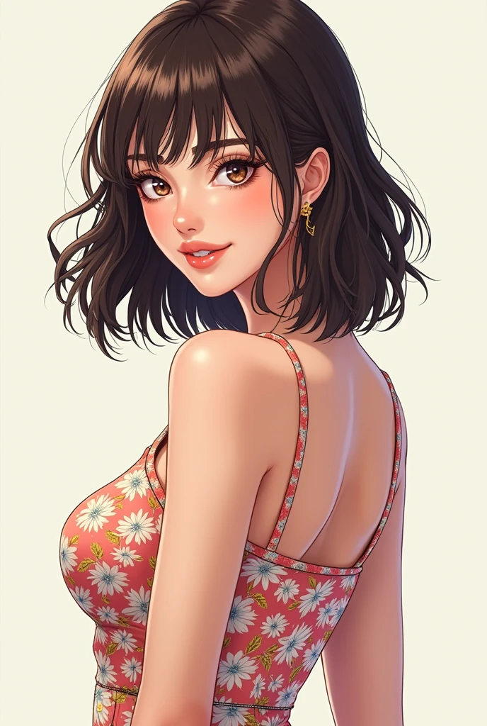 masutepiece, Best Quality, Illustration, Ultra-detailed, finely detail, hight resolution, 8K Wallpaper, Perfect dynamic composition, Beautiful detailed eyes, Women's Fashion Summer,Medium Hair,Small breasts natural color lip, Bold sexy poses,Smile,Harajuku、20 years girl、Cute、Sexy shot looking at camera