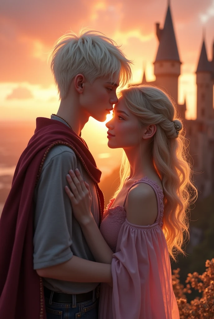  couple, two people. First person is a very handsome 17 year boy with pale skin, white-blonde hair, and grey eyes and dressed in gray. The second person is a very pretty 17 year old girl wng blonde hair and dark brown eyes and dressed in pink. Soft smiling. Background of Hogwarts Castle sunset.