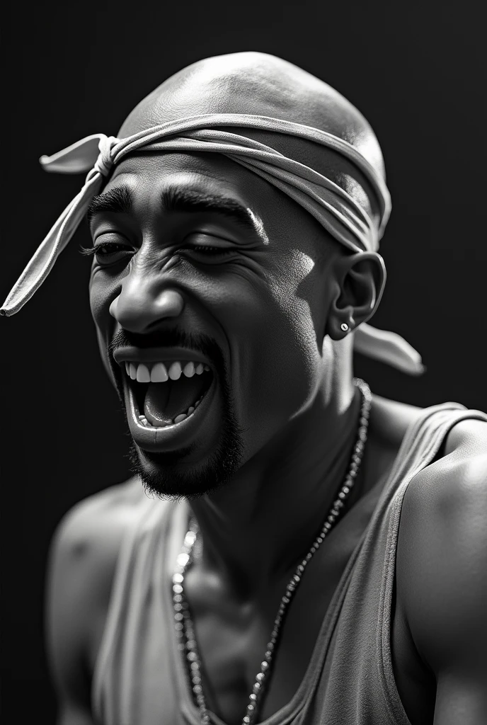 (photorealism:1.2), (((Tupac Shakur))), bald head, 25 years old, extremely accurate features, performing in a concert, rapping aggressively, black and white images, extremely detailed facial features, banana tied around his head, looks exactly like 2Pac,