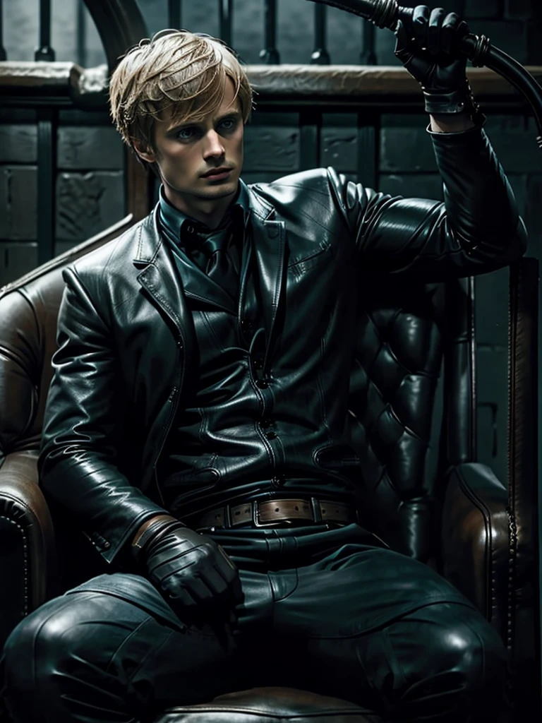 Bradley James, sitting in a leather seat, wearing black leather gloves and a suit. Holding a whip. Dramatic.