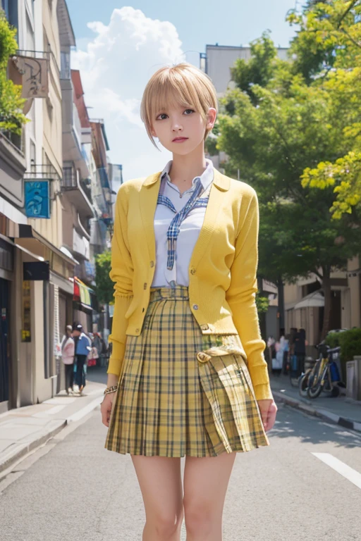 (Highest quality、4K、8k、High resolution、masterpiece:1.2)、Very detailed、(Genuine、Realistic、Realistic:1.3)、blonde、Pixie Cut、uniform、White shirt、Yellow-green checkered skirt、Navy jacket、A yellow cardigan tied around her waist、Full body photo、Nakano Ichika