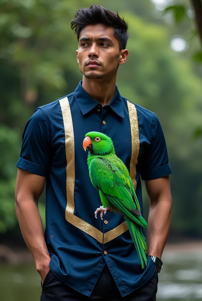 Grab a navy blue shirt with a green parrot and U design and gold details