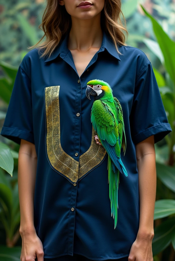 Grab a navy blue shirt with a green parrot and U design and gold details