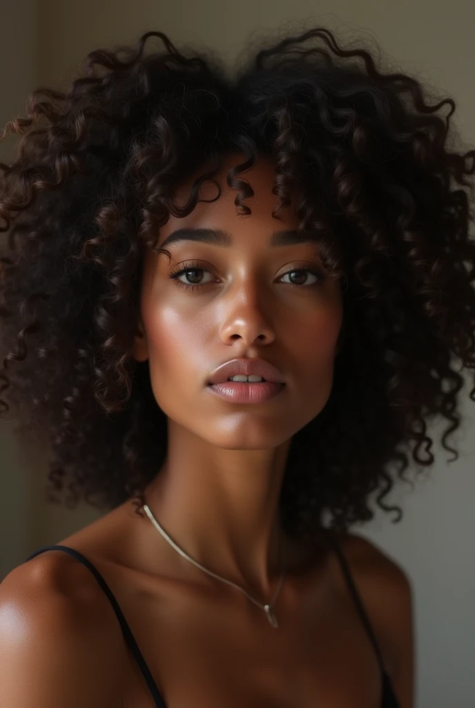Make a dark skinned woman with curly hair have sex