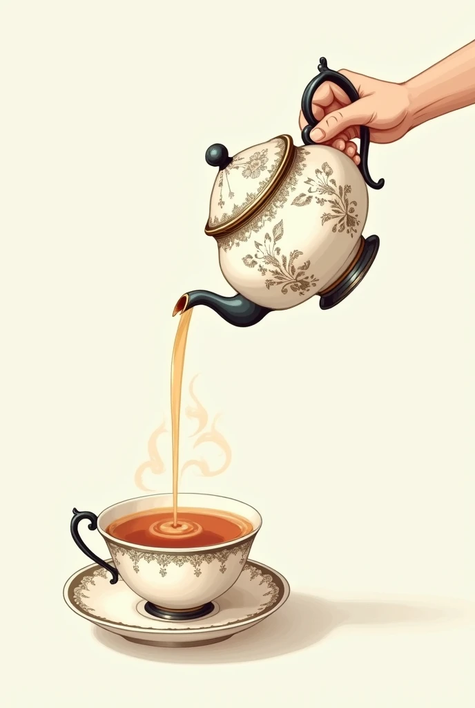 Clipart of fancy teapot pouring tea in delicate tea cup with steam 