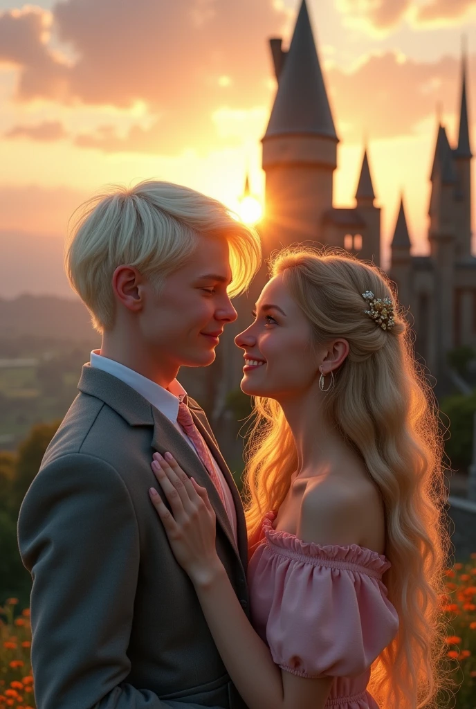 age couple, two people. First person is a very handsome 17 year old albino boy with pale skin, white-blonde hair, and grey eyes and dressed in gray. The second person is a very pretty 17 year old girl with wavy long blonde hair and dark brown eyes and dressed in pink. Soft smiling. Background of Hogwarts Castle sunset.