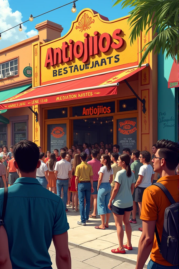 Restaurants named Antojitos with many people outside the restaurant waiting 