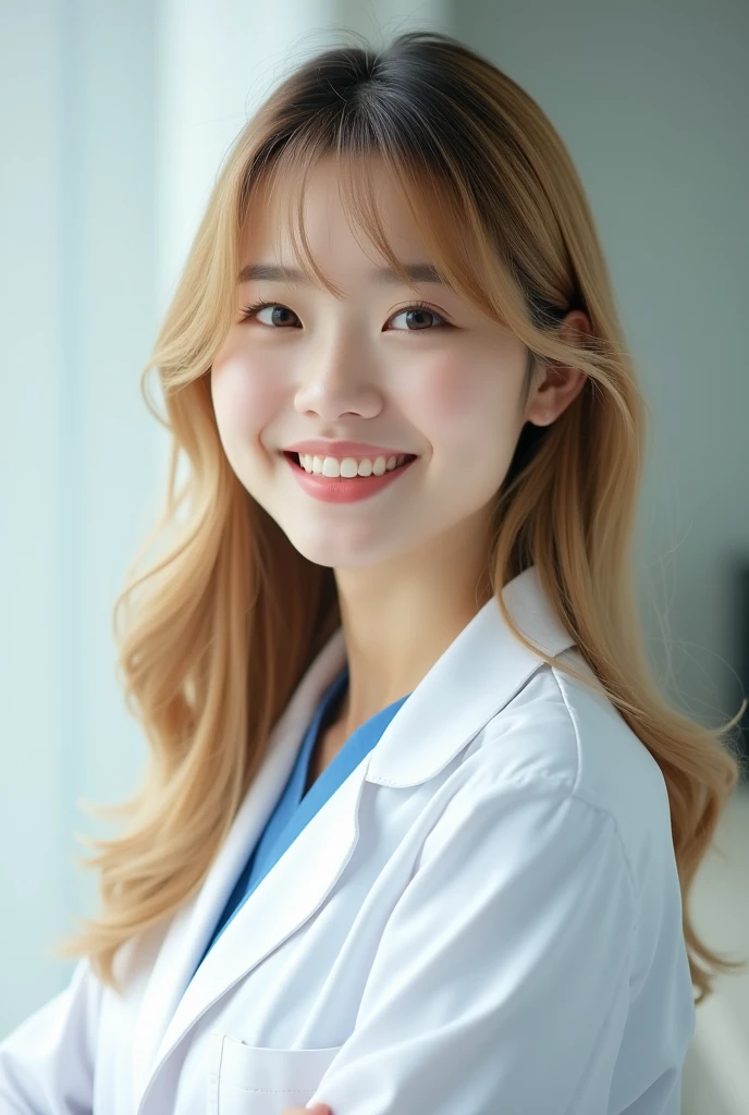 A young Korean woman with blonde hair and bangs on her forehead, with a beautiful smile she is dressed like a doctor. She seems like a nice person.
