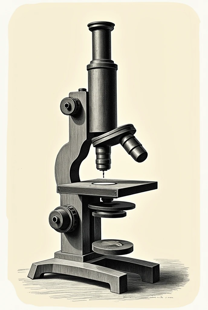 Create a rounded-edge illustration of a 17th century microscope, in which cells were observed in a cork sheet, A 19th century illustration of a microscope used to describe the cell nucleus, an illustration of the transmission electron microscope (of) and the sweeping one (Meb) in the 1930s and 1940s, an illustration of the 1980's microscope the scanning tunneling microscope, Application of quantum physics A MICROSCOPY ILLUSTRATION, NOT BEING ABLE TO HAVE MORE THAN ONE IN AN IMAGE