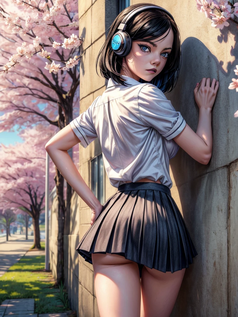 Slim body type, slender body , 1 girl, beautiful young face, (Emma Stone), a emo punk school girl bending over, looking back, panty visible, cute panty, white panties, small breasts, beautiful detailed eyes, big eyes, beautiful detailed lips, extremely detailed face and hair, black hair with blue highlights, Goth makeup, long eyelashes, pleated skirt, white blouse, knee-high socks, loafers, school campus, cherry blossom trees, against the wall, headphones, sunlight, vibrant colors, intricate details, realistic, photorealistic, 4k, high resolution, best quality, masterpiece,