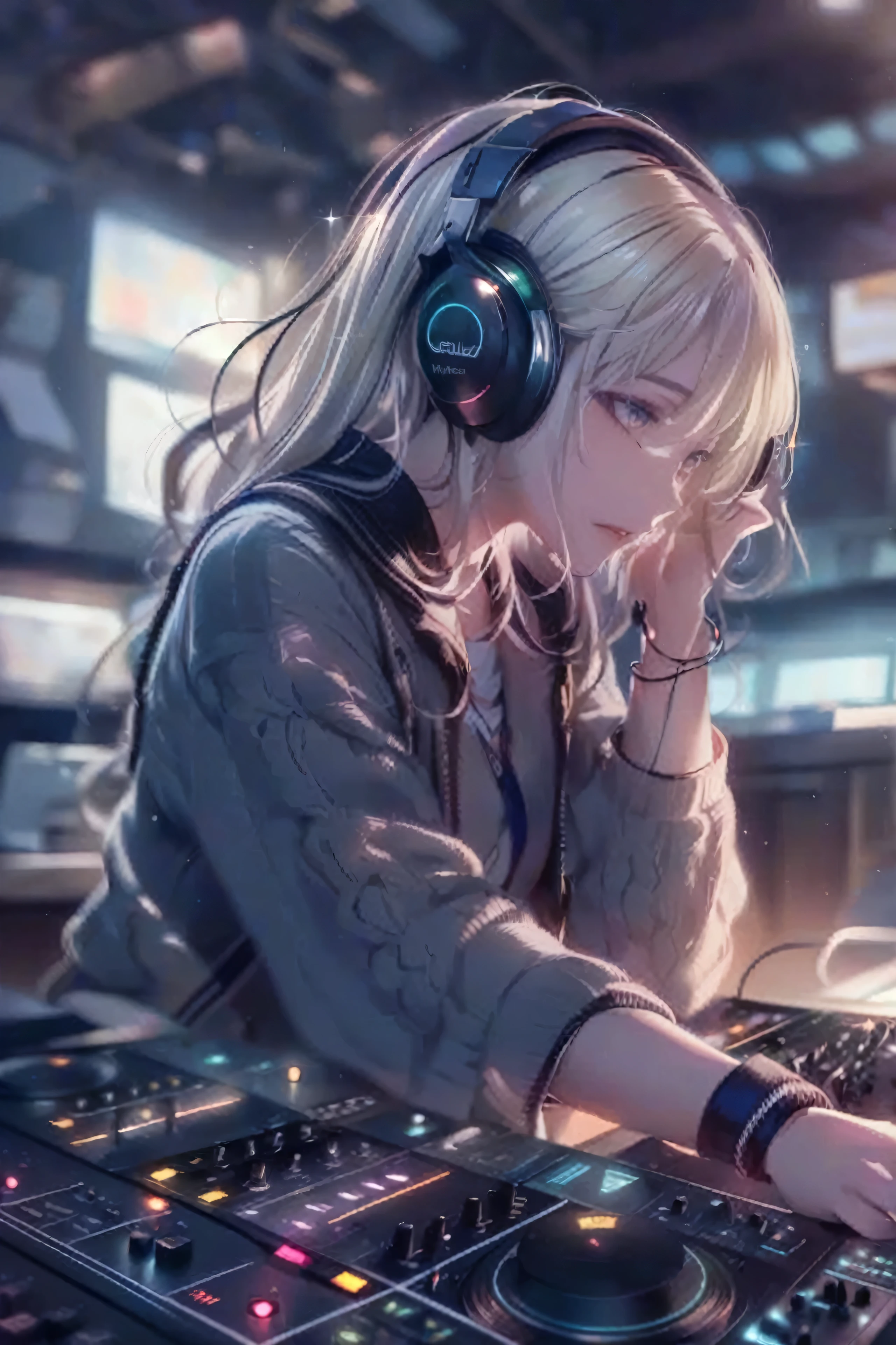 A woman wearing headphones is playing music on a mixer, anime style 4 k, Nightcore, anime vibes, anime style. 8k, 4k anime wallpaper, anime. Soft lighting, Gweiz-style artwork, anime wallpaper 4 k, anime girl, anime wallpaper 4k, With headphones, blonde anime girl with long hair, digital anime art