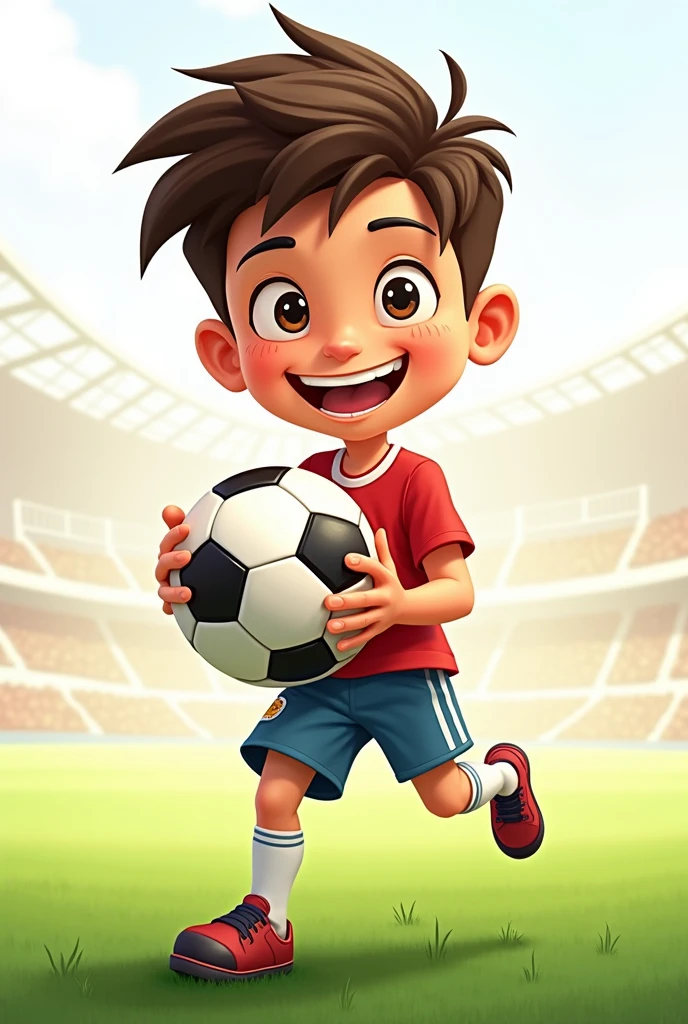 Tomas holding the soccer ball with enthusiasm. with the same main character playing soccer same animated appearance