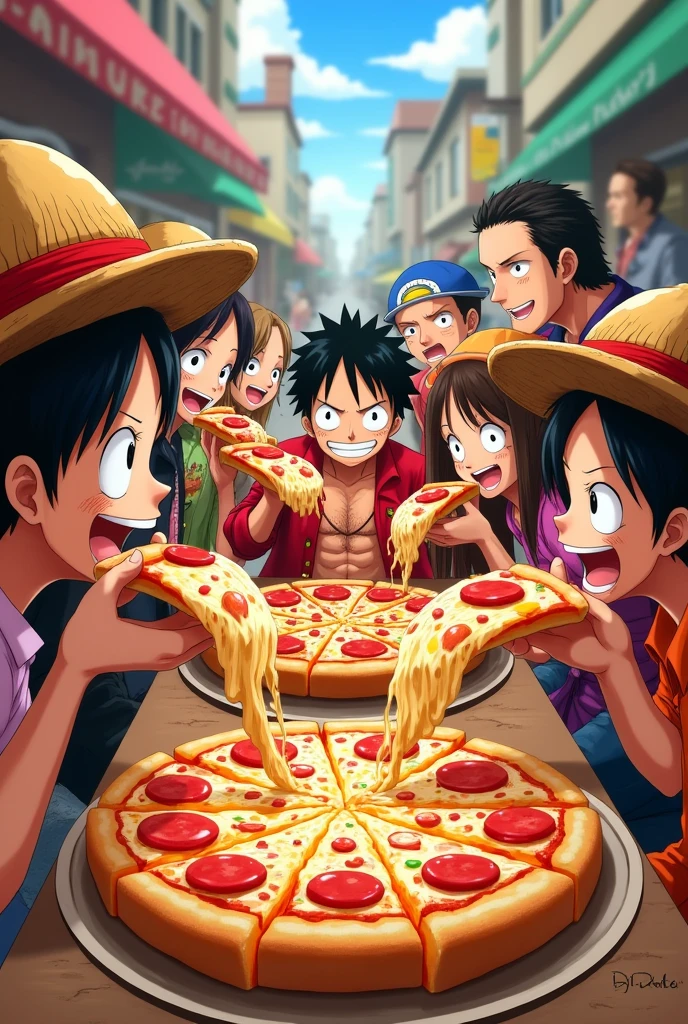 One piece characters eating pizza