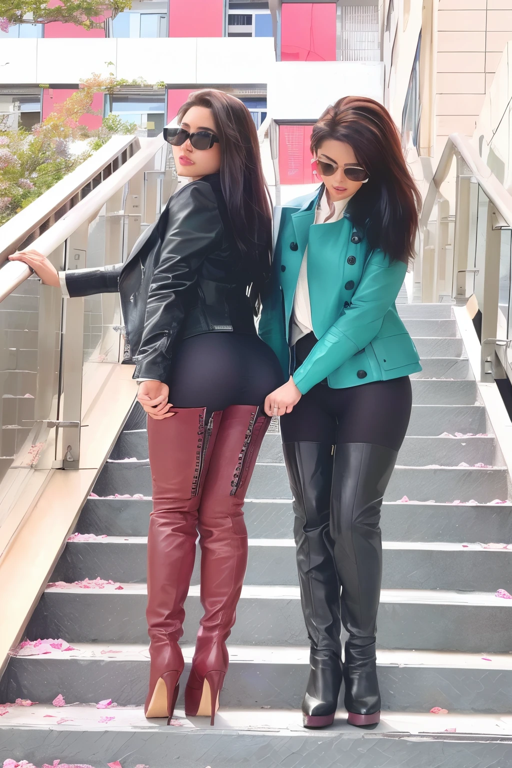 Two women wearing leather pants and jackets are walking down the stairs., tight clothes차림, Alena Anami and Lilia Alvarado, tight clothes, 검은색 tight clothes을 입고, Skin-tight leather clothes, tights; in the street, Wear simple, tight-fitting clothes, Very tall and slim, wearing a short leather jacket, Tall and slender, high boots