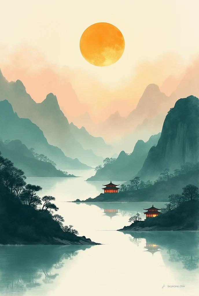 Minimalist，Abstracted，Chinese painting，Jiangnan，Cypress，Impressionist，Pavilion，Moon，Mountains and Rivers，Leave a space，Bright colors