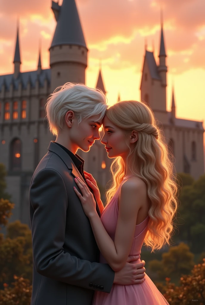 Teenage couple, two people. First person is a very handsome 17 year old albino boy with pale skin, white-blonde hair, and grey eyes and dressed in gray. The second person is a very pretty 17 year old girl with wavy long blonde hair and dark brown eyes and dressed in pink. Soft smiling. Background of Hogwarts Castle sunset.