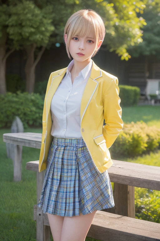 (Highest quality、4K、8k、High resolution、masterpiece:1.2)、Very detailed、(Genuine、Realistic、Realistic:1.3)、blonde、Pixie Cut、uniform、White shirt、Yellow-green checkered skirt、Navy blue jacket、A yellow cardigan tied around her waist、Full body photo、Nakano Ichika