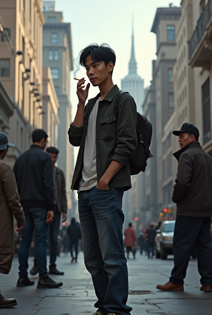 A Korean Mexican smoking in San Francisco California with some homeless people 