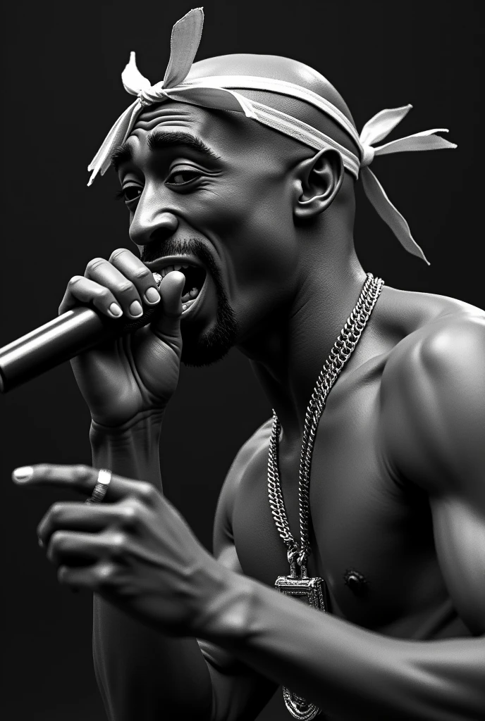 (photorealism:1.2), (((Tupac Shakur))), bald head, 25 years old, extremely accurate features, performing in a concert, rapping aggressively, black and white images, extremely detailed  features, banana tied around his head, ((looks exactly like 2Pac)), no wrinkles, 