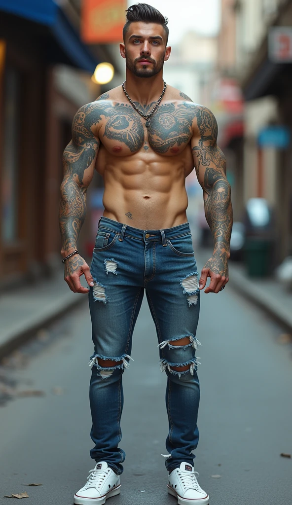 Fullbody standing picture of white skin Handsome  muscular horny nude sexy gay boy wearing skinny ripped jean tights, shiny black Disconnected Pompadour oiled hair style, goatee, blue eyes, shiny white varnished vinyl vans, red lip, chain, tattoos, horny, cum shot, sperm, milking penis, big penis, very big testicle, shiny oiled skin, orgasm, oversexed, standing at street.