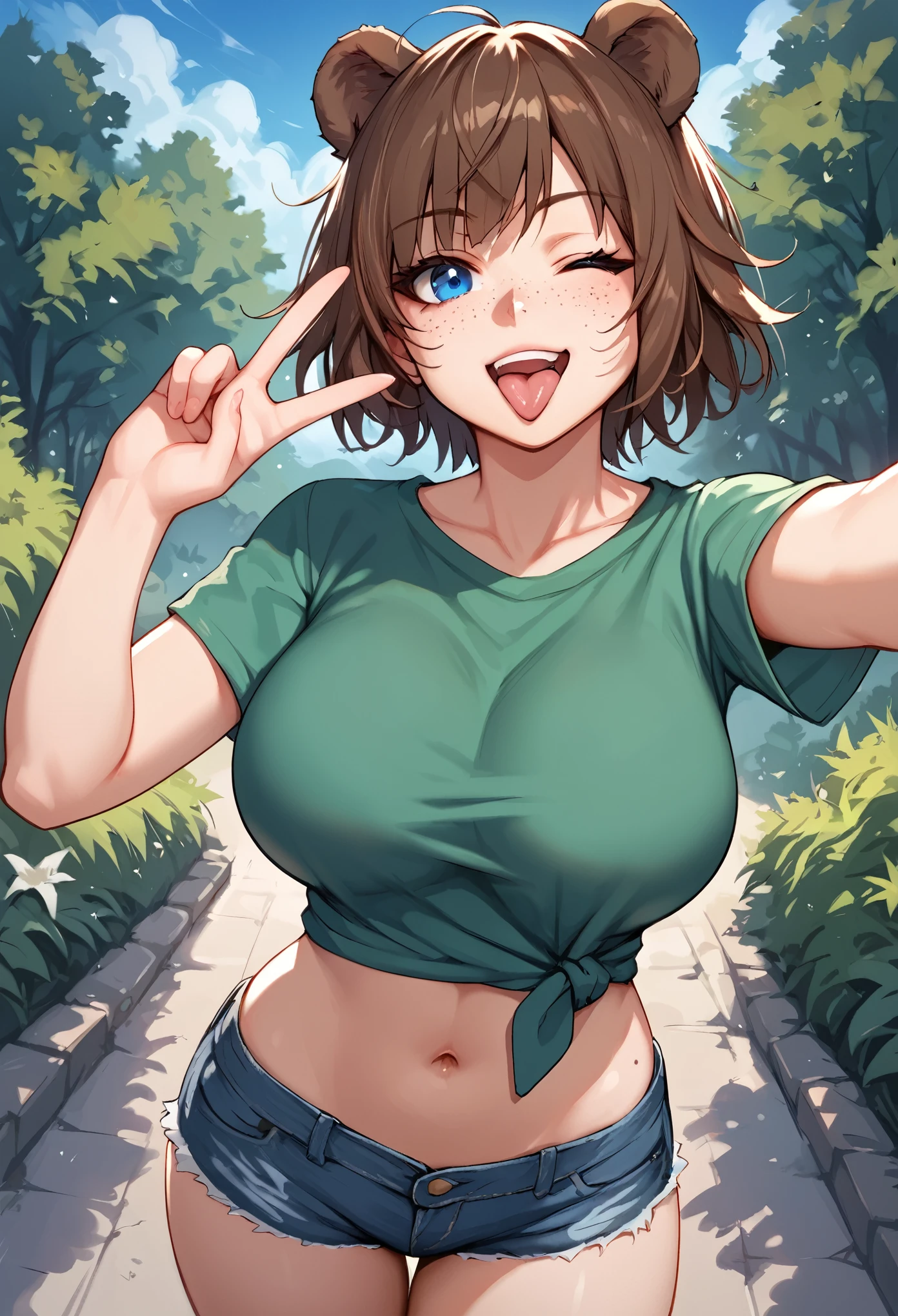 score_9_up, score_8_up, score_7_up, 1girl, solo, source_anime, hourglass figure, Big breasts, kemonomimi, bear ears, brown hair, short hair, messy_hair, blue eye BREAK freckles, green shirt, short sleeves, navel, denim shorts, selfie, reaching at viewer, looking at viewer, wink, one eye closed, standing, outdoors, blue sky, :p, tongue, v sign