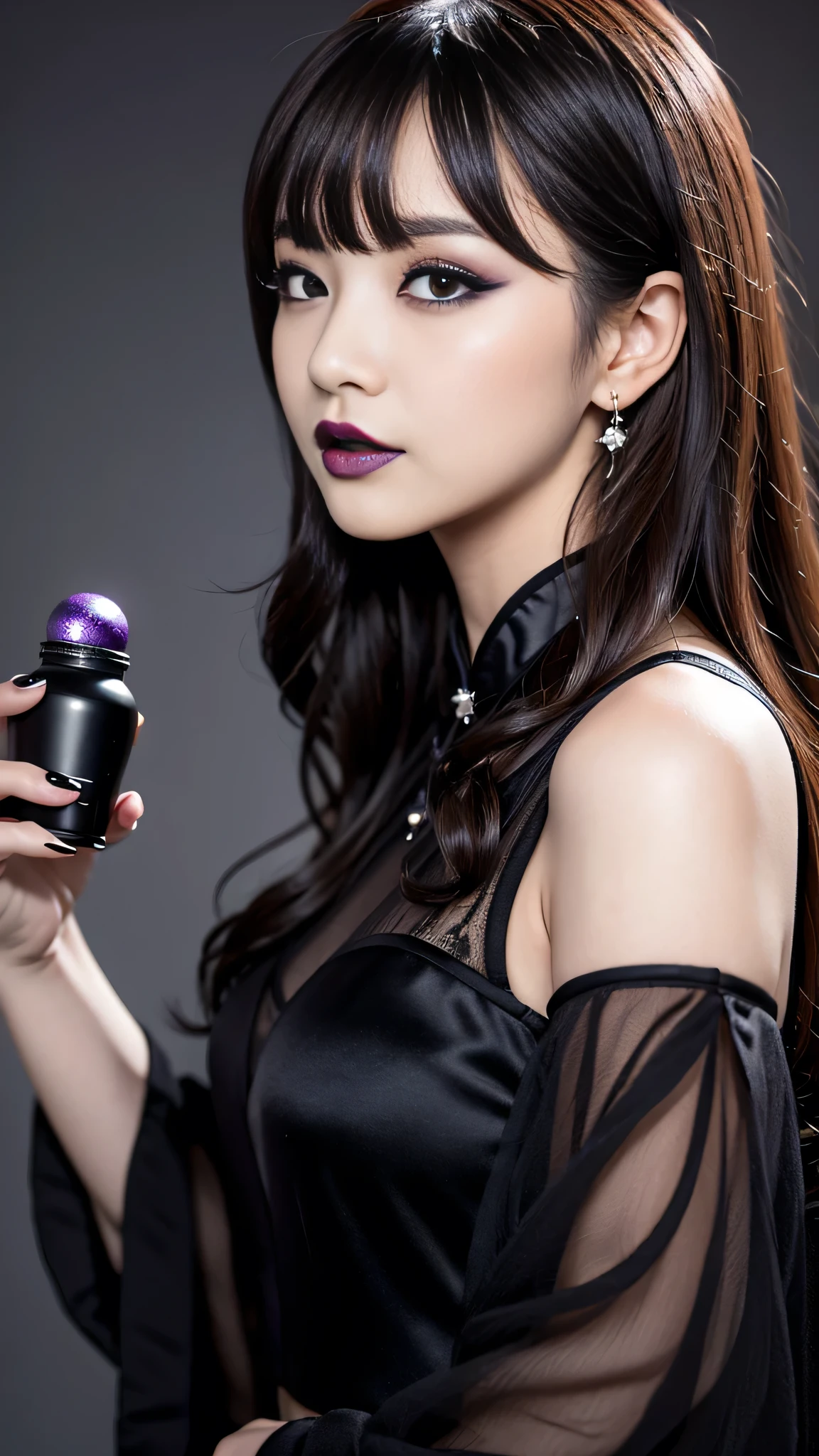 best quality、ultra-detailed、8k、Japanese、Japanese、Seductive beauty、seductive adult woman、Pretty Woman、cool girl、smirk、Wicked Smile、Villainess、brainwash makeup、Brainwashed、brainwash、Fallen into evil、Evil look、evil、Brown hair、wavy hair、swept bangs、dark makeup、piercing eyes、hollow eyes,half-closed eyes、Hollow Eyes、purple Eyeshadow、black lipstick、black lipglos、Purple Eyeshadow、black lipstick、black lip gloss、Dark Makeup、smirk、Whisper in my ear、Evil look、long black cheongsam、Wide sleeves、night、inside darkroom、Kiss、I have lipstick、Are standing、Look、Offer、shoot from below、Connected by many cords