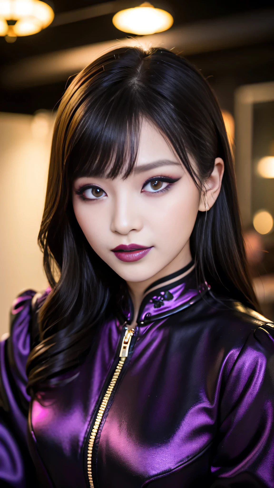 tra-detailed、Japanese、Seductive beauty、seductive adult woman、Pretty Woman、cool girl、brown hair、wavy hair、swept bangs、piercing eyes、hollow eyes、half-closed eyes、Hollow Eyes、Purple Eyeshadow、black lipstick、black lip gloss、dark makeup、smirk、Whisper in my ear、Evil expression、Long Black Cheongsam、Black wide sleeves、Evil cadres、Fallen into evil、brainwash、mind control、evil、Church at night、Have lipstick