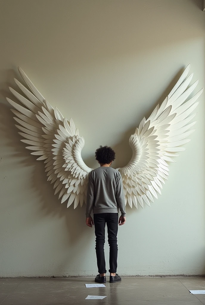 1 sharp-edged man with wings on a wall with a newspaper, large angel wings, winged boy, huge angel wings, large angel wings bem abertas, white wings, wearing angel, large angel wings nas costas, humano alado, epic angel wings, infinite angel wings, avan jogia angel, infinite angelic wings, full body majestic angel, big wings, angelic