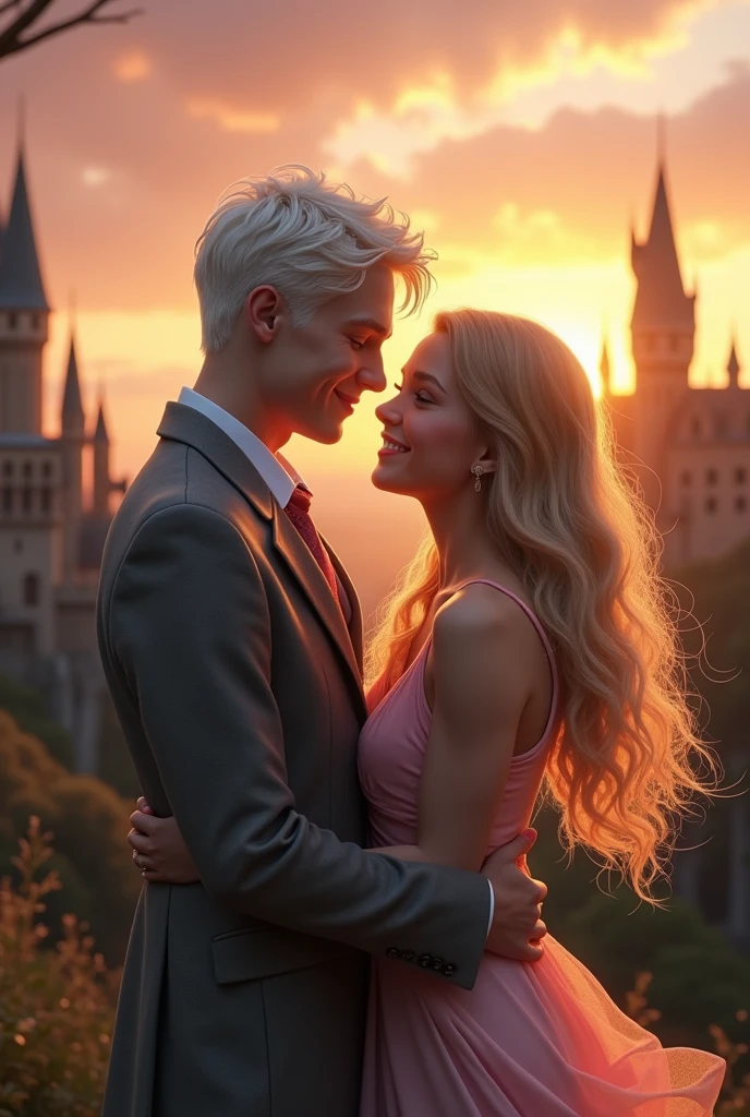 Teenage couple, two people. First person is a very handsome 17 year old albino boy with pale skin, white-blonde hair, and grey eyes and dressed in gray. The second person is a very pretty 17 year old girl with wavy long blonde hair and dark brown eyes and dressed in pink. Soft smiling. Background of Hogwarts Castle sunset.