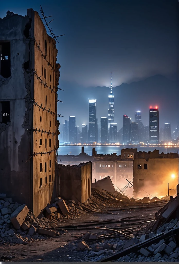 Destroyed city ruins, tall concrete wall with barbed wire, smog, skyscrapers in the distance, at night
